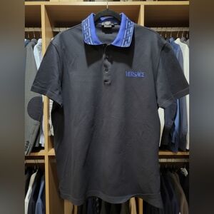 Versace Men's Black Polo Shirt with Blue Accents